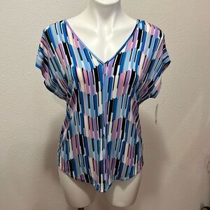 Bar III Colorful Women's Printed Seamed V-Neck Short-Sleeve Top Sz S